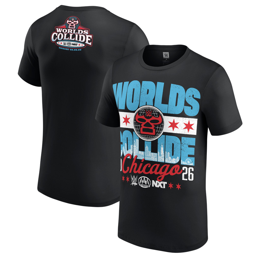 SUPER HOT Men\'s Black WWE/AAA/NXT Worlds Collide 2026 Chicago Shop T-Shirt SUPER HOT Men\'s Black WWE/AAA/NXT Worlds Collide 2026 Chicago Shop T-Shirt