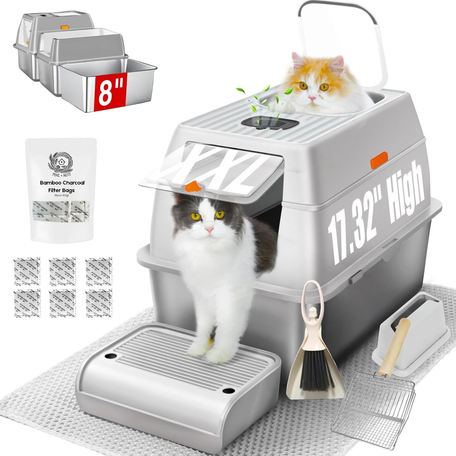 Fully Enclosed XXL Stainlessss Steel Litter Box w/ Lid & Scoop, 8\