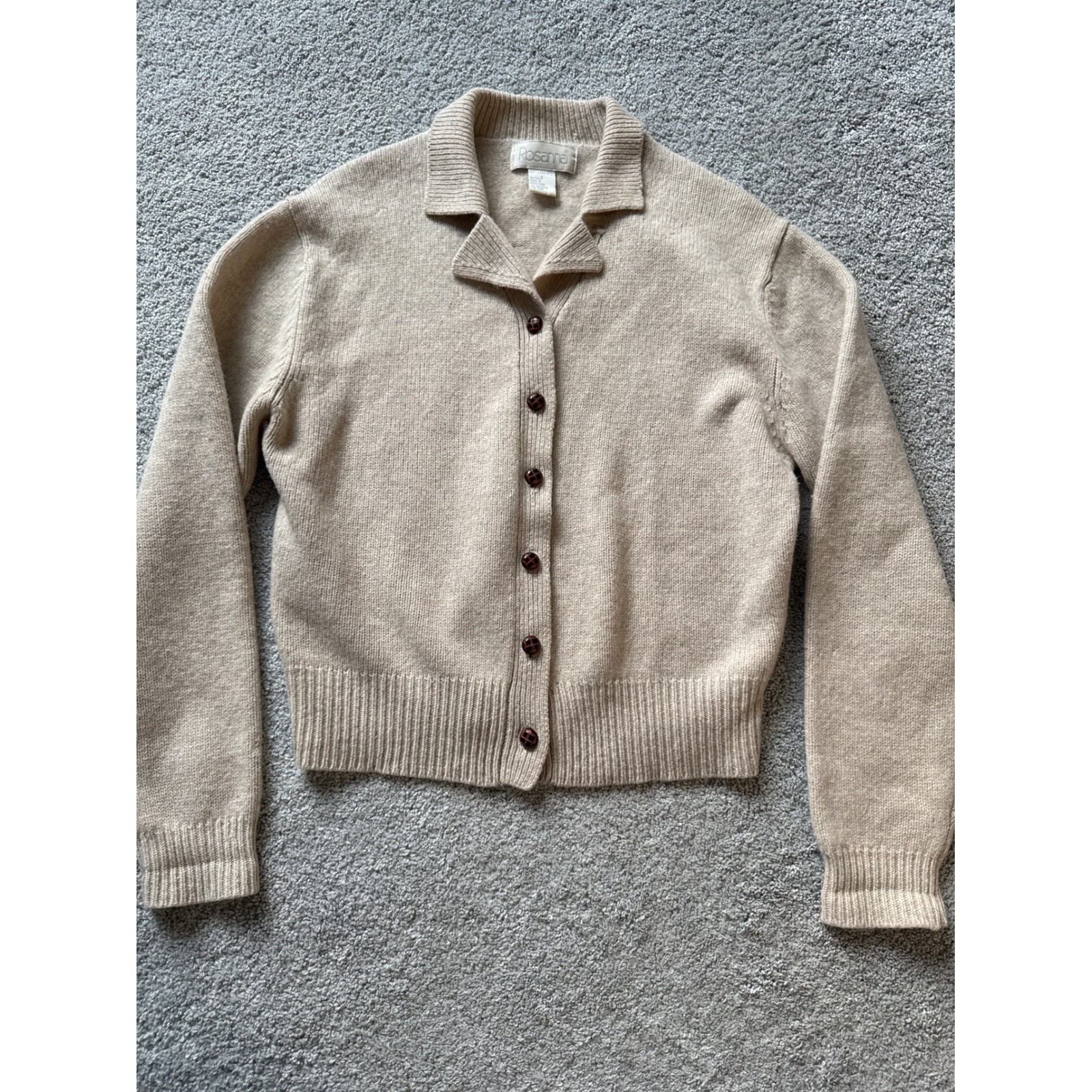 Rosanna Vintage 100% Lambswool Cardigan Sweater Beige Collared Button Front L