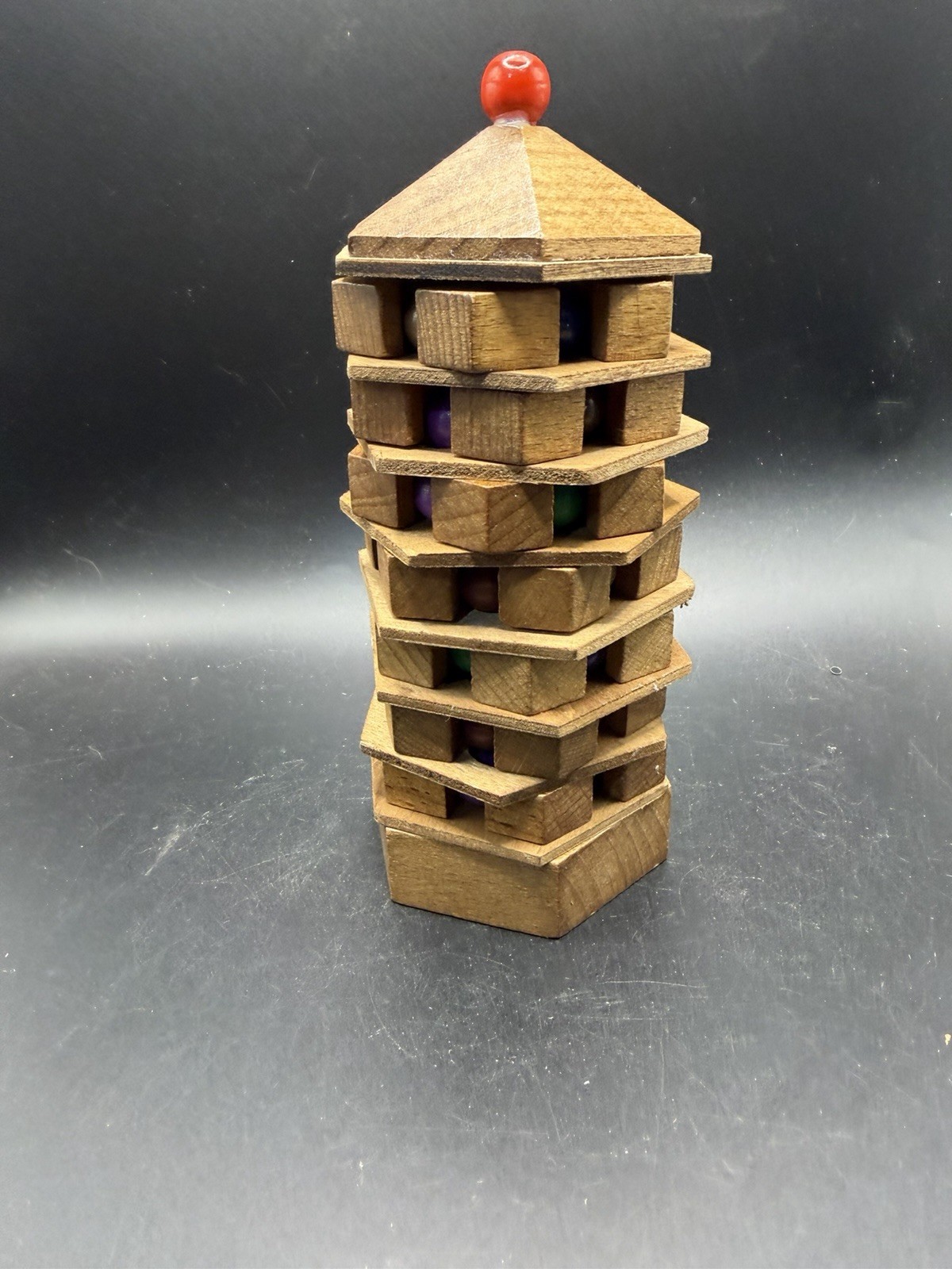 Vintage Wooden Pagoda Puzzle Tower – Handcrafted Rotating Marble Game