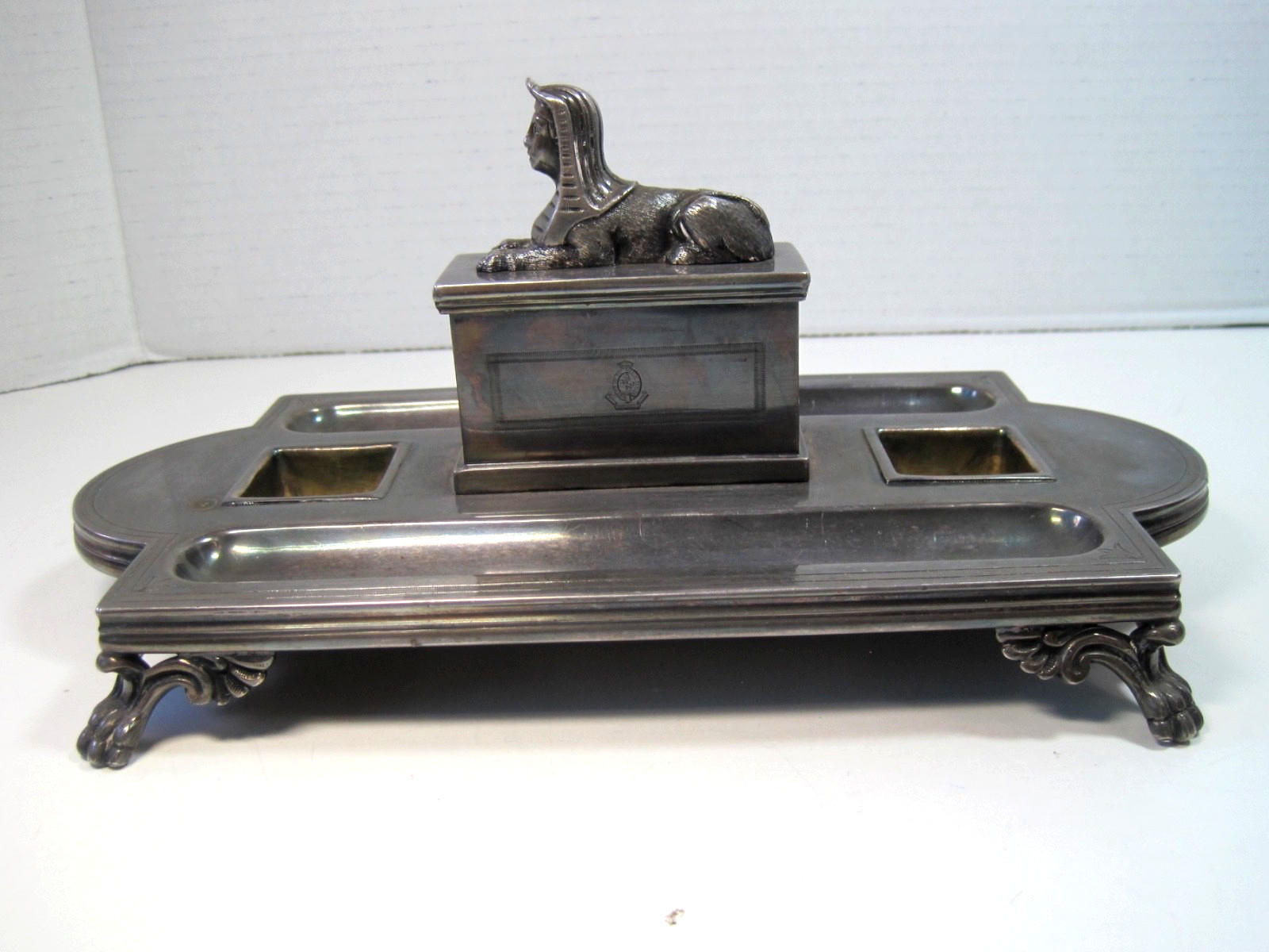 Mappin Webb's Egyptian Revival Silverplate Sphinx Double Inkwell Desk Inkstand Mappin Webb's Egyptian Revival Silverplate Sphinx Double Inkwell Desk Inkstand