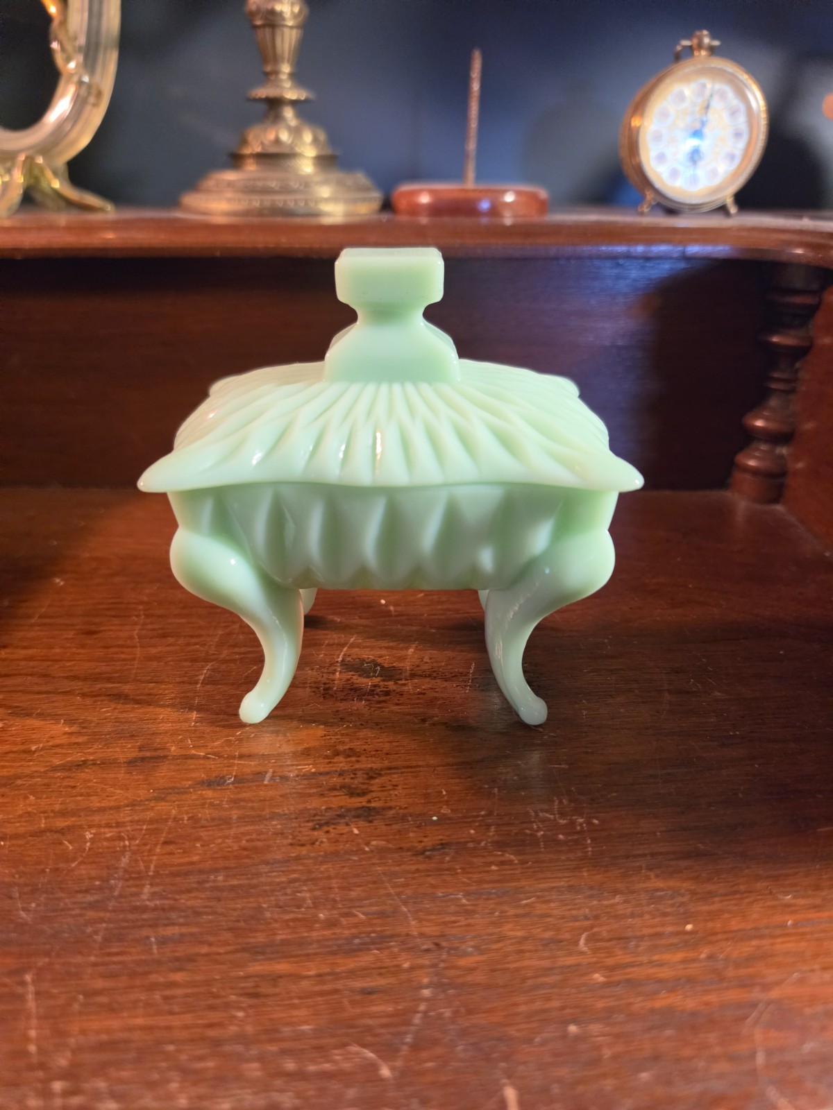 Vintage Jadeite Green Glass Covered Candy Dish Trinket Box Footed Scalloped Lid