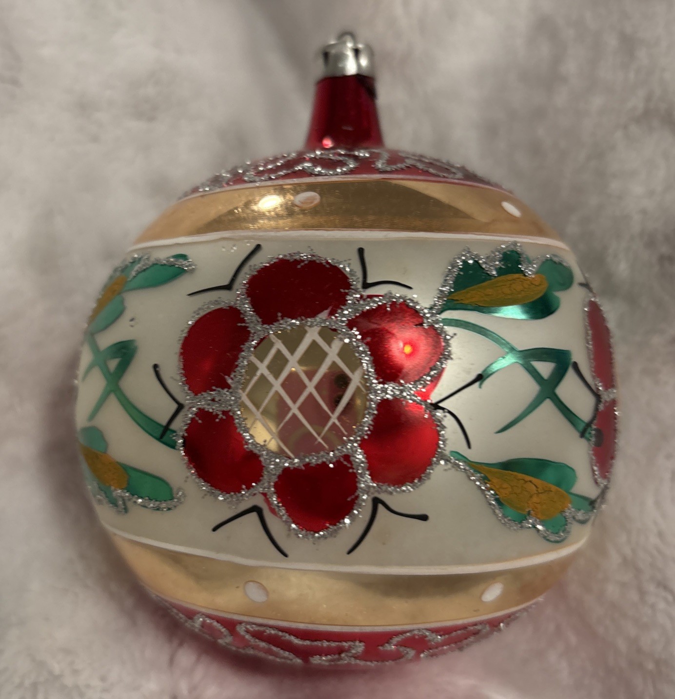 VTG Blown Glass Glitter FLOWER Jumbo 12” aroundBALL Christmas Ornament Poland