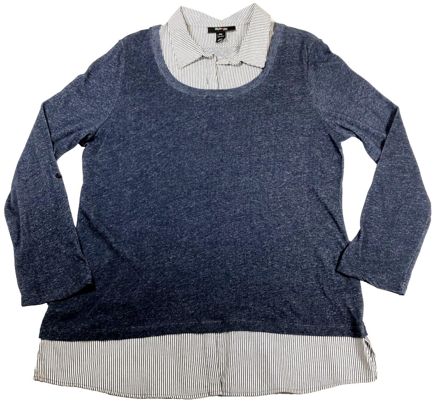 Style & Co. Womens Sweater Sz PXL Blue Striped Layer Look Roll Tab Sleeves NWT