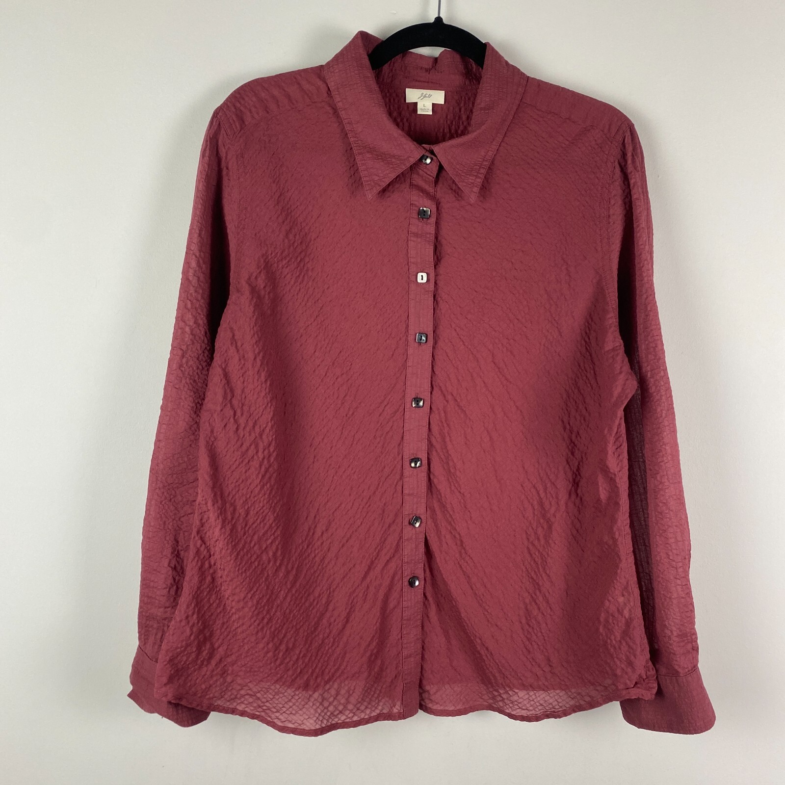 J Jill Button Up Shirt Size Large Burgundy Lightweight Crinkle Cotton