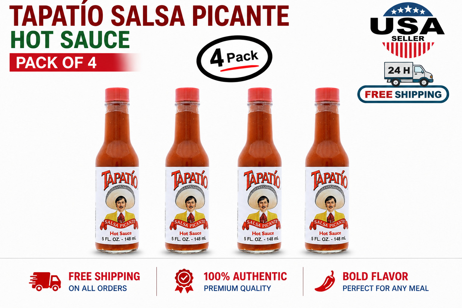Tapatio Hot Sauce - Original 5 oz Glass Bottles - Salsa Picante pack 4