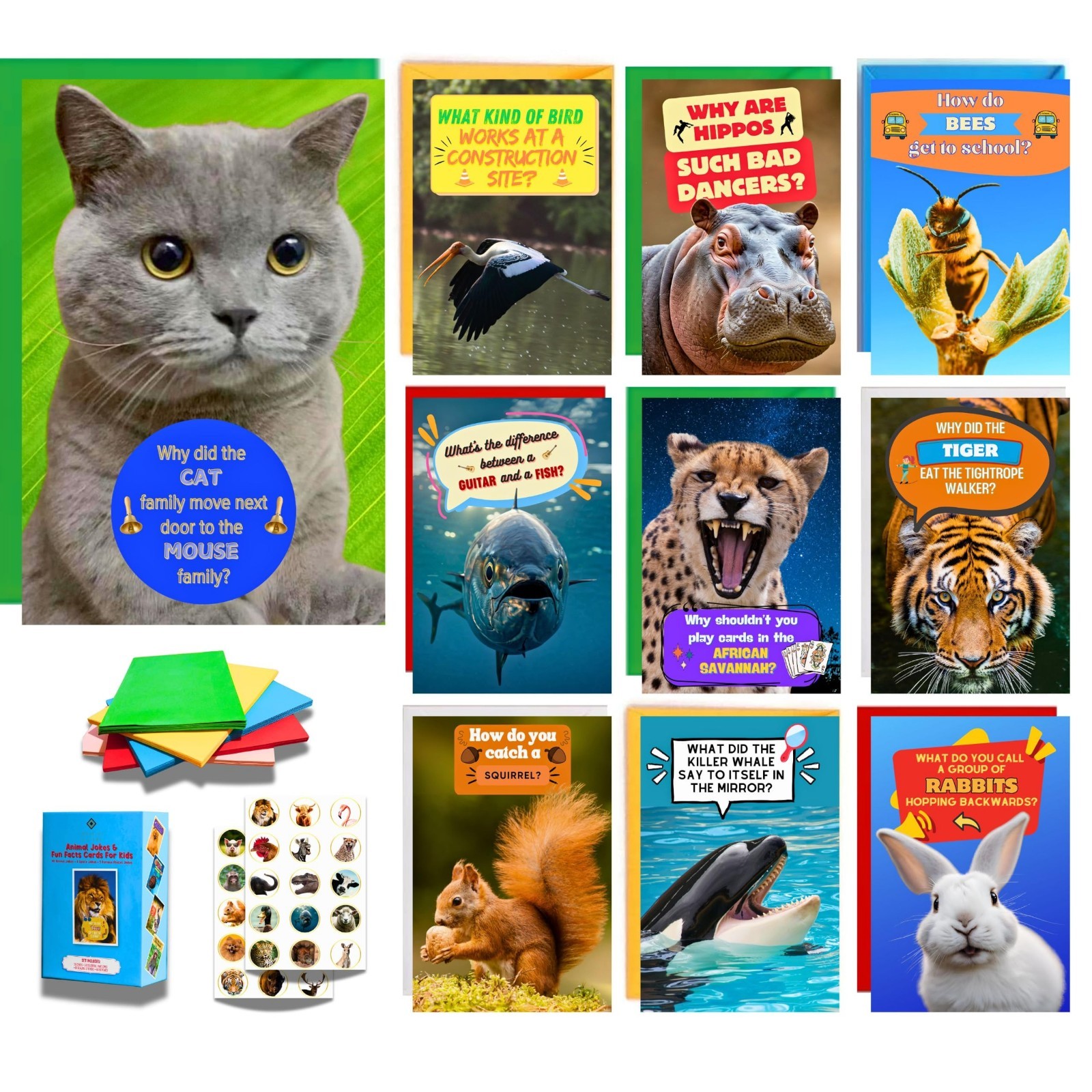 50 Animal Jokes & Fun Facts Cards for Kids - Bulk Greeting Cards with Envelopes