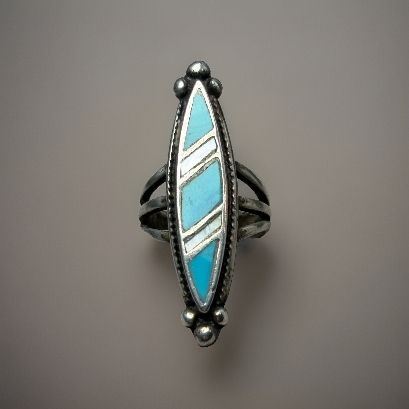 Vintage Zuni Turquoise MOP Sterling Silver Ring Sz5