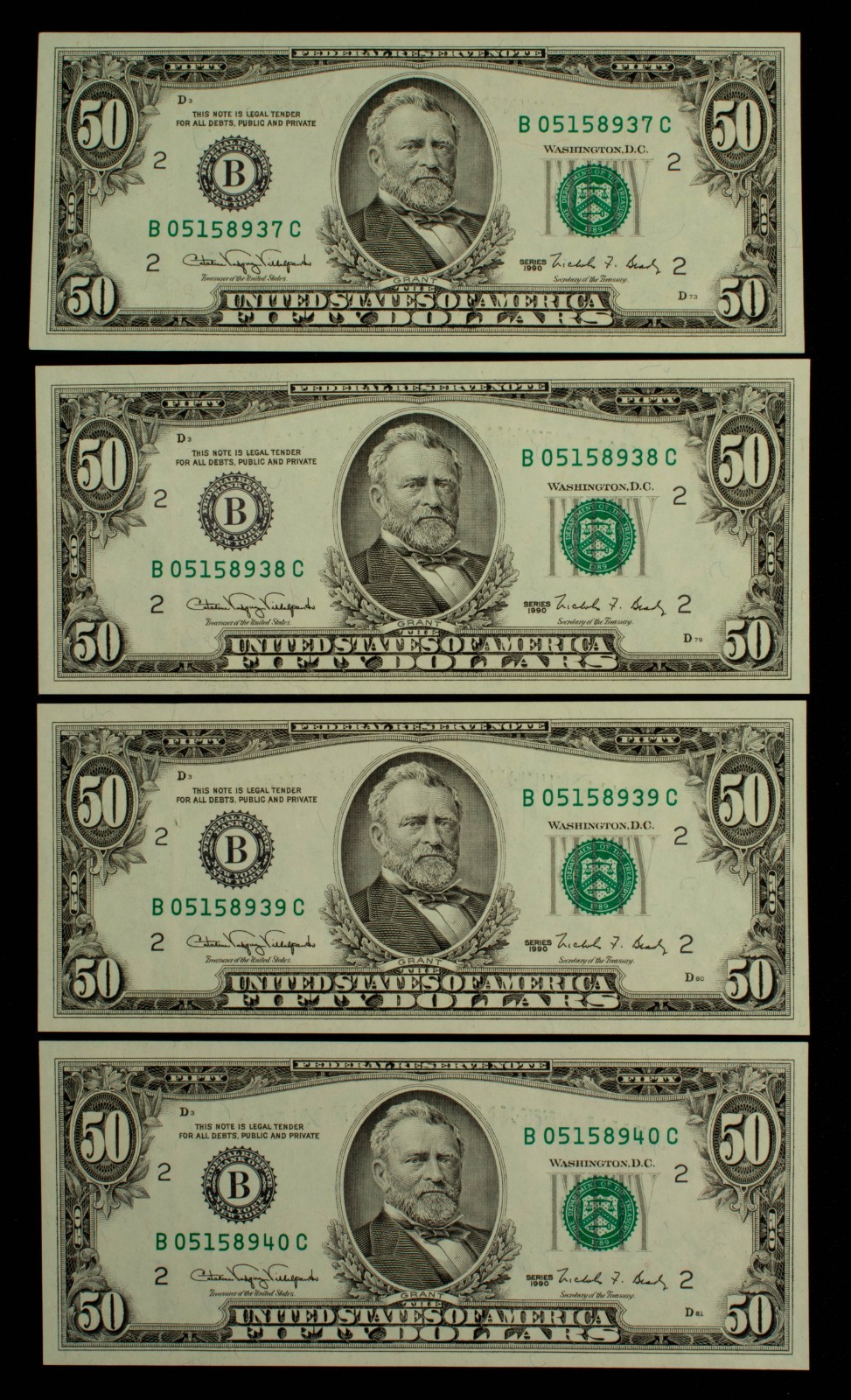 4 Consecutive 1990 $50 FRN US Federal Reserve Notes - FR2124B - UNC- SKU-CA2349