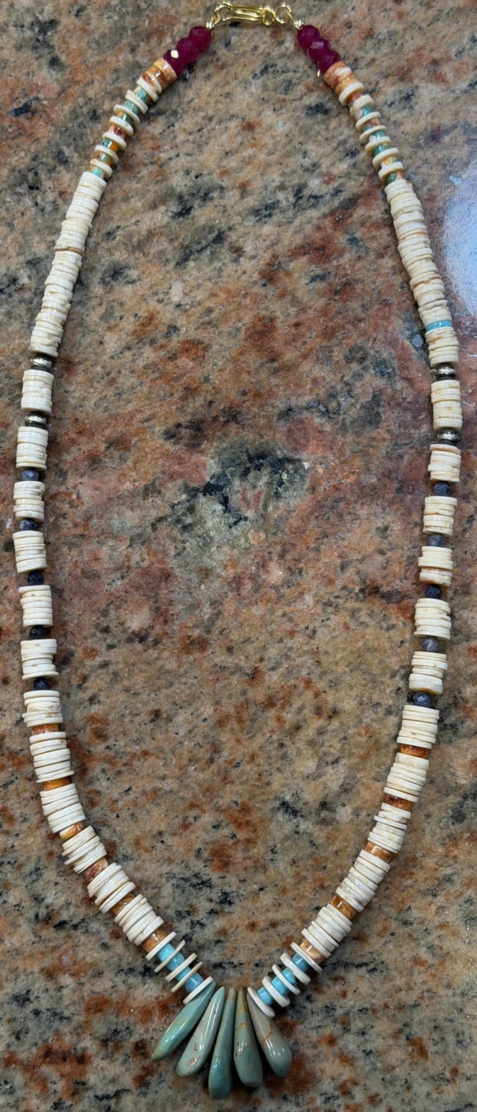Native American Vintage Ocean Shell Necklace, Emerald Valley Turquoise Jacla