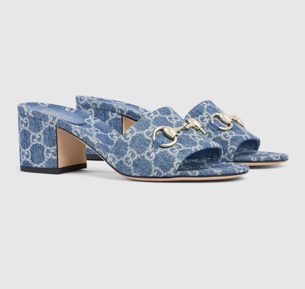 Gucci 55mm Siaga GG Monogram Denim Block Heel Sandals with Horsebit Sz 38.5 $850