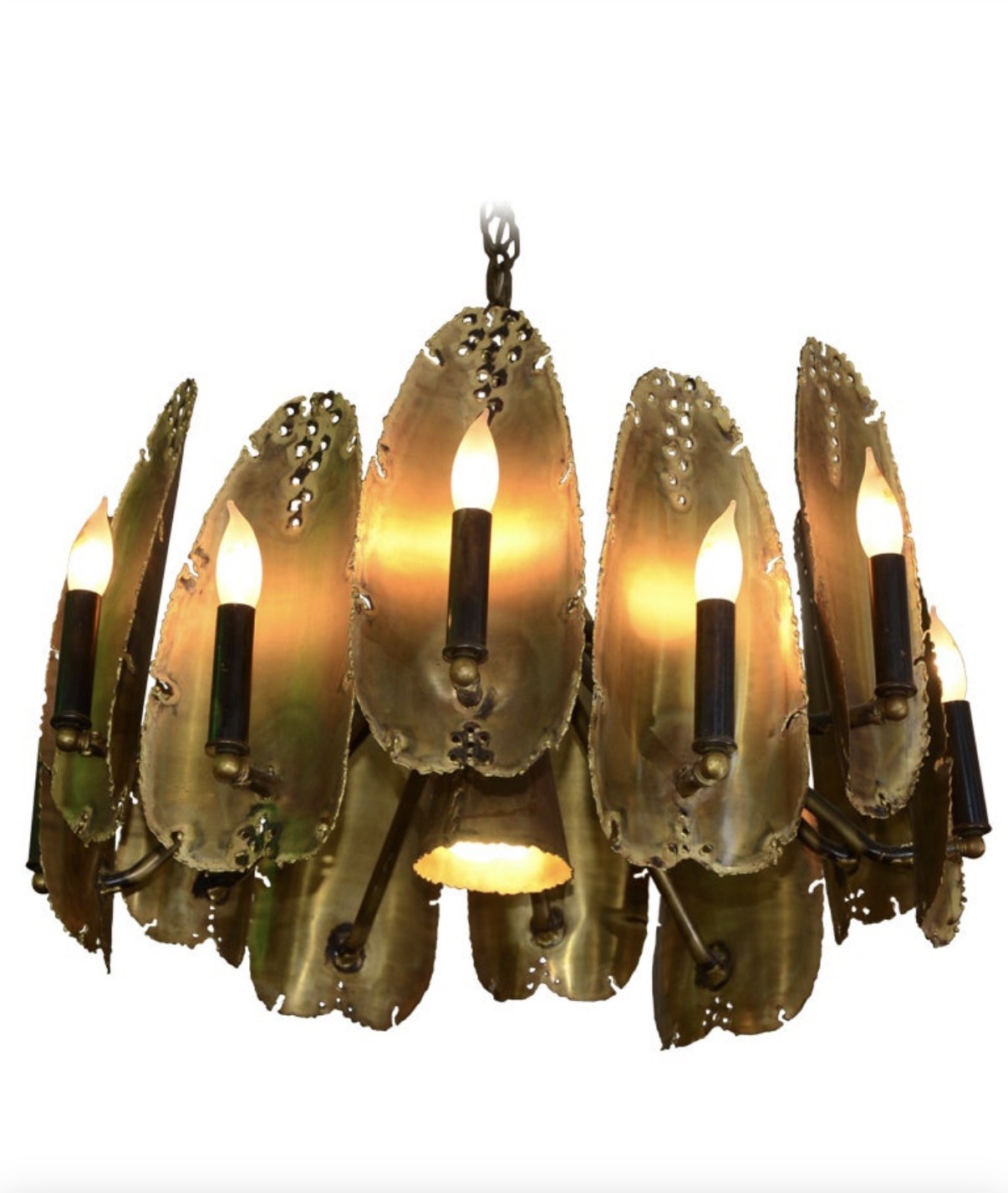 Stunning Mid-Century Modern Brutalist Torch-Cut Brass Chandelier by Tom Greene