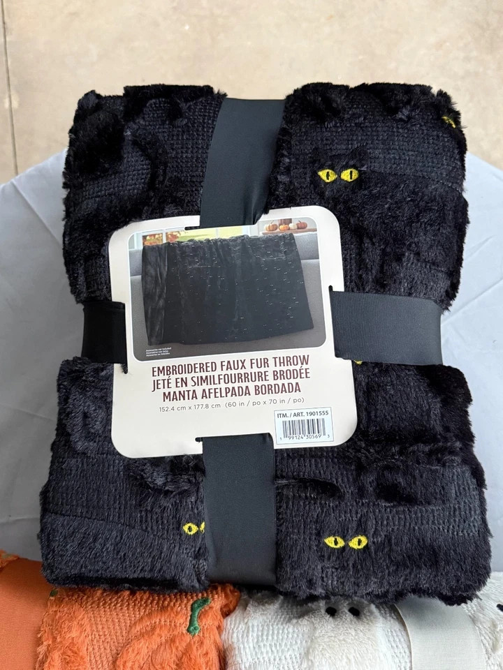 NWT Costco Halloween Faux Fur Throw Blanket Ghost Cat Pumpkin (PICK COLOR)