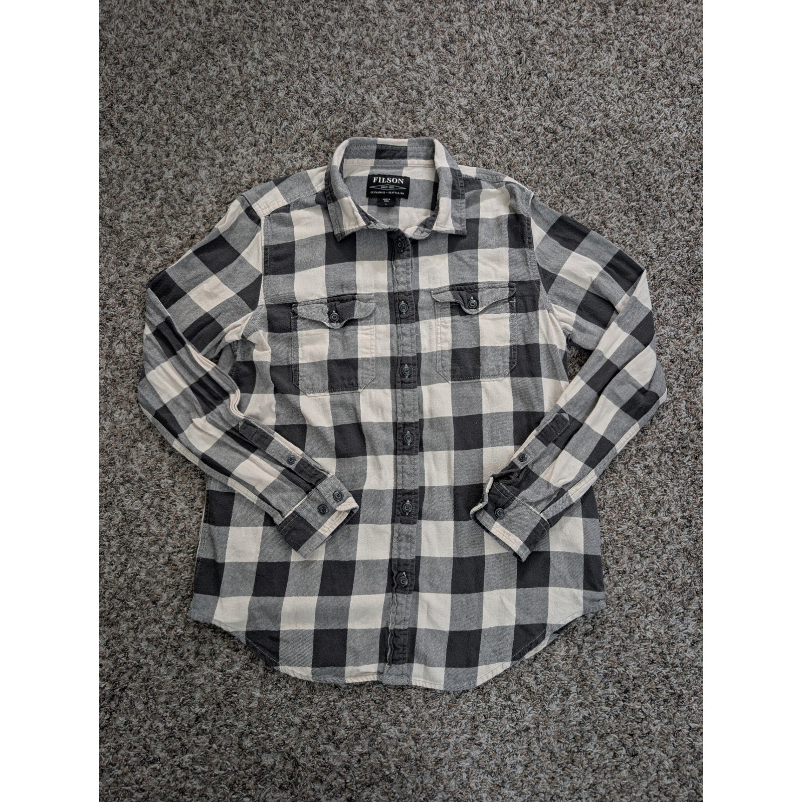 Filson Field Flannel Shirt Mens Large Black Cream Buffalo Check Plaid 20049643 Filson Field Flannel Shirt Mens Large Black Cream Buffalo Check Plaid 20049643