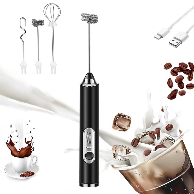 Rechargeable Handheld Milk Frother with 3 Heads & 3 Speeds, Detachable 
