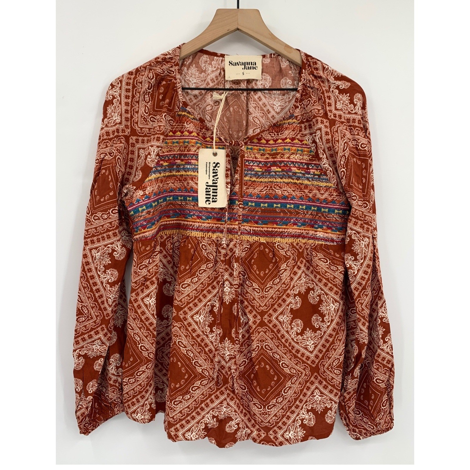 Savanna Jane Blouse Womens Small Rust Paisley Embroidered Boho Long Sleeve NEW Savanna Jane Blouse Womens Small Rust Paisley Embroidered Boho Long Sleeve NEW