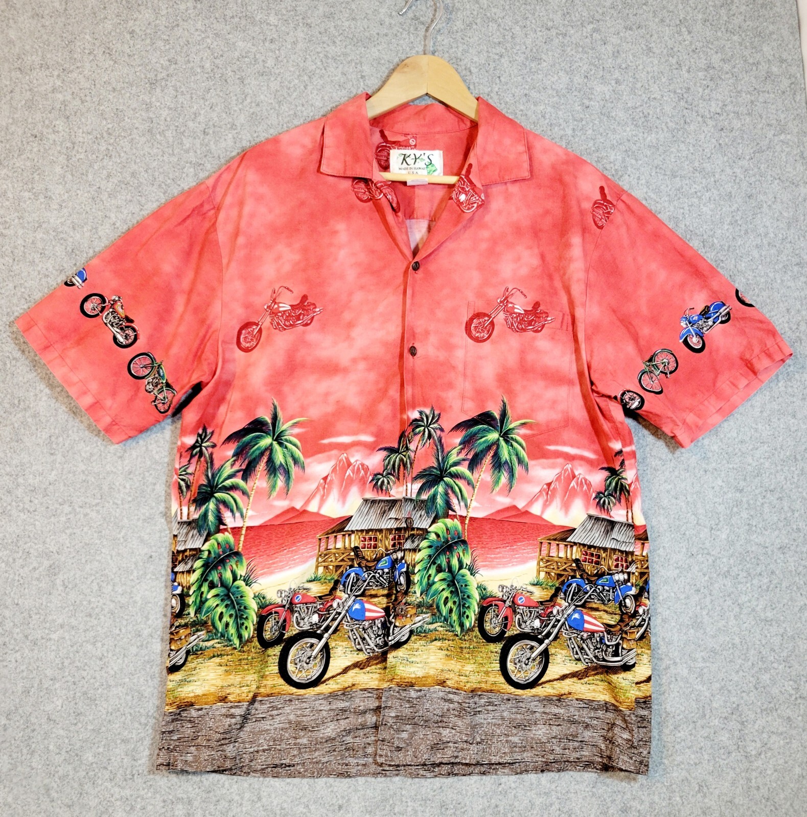 Vintage KY\'S Mens Large Hawaiian Shirt Button Up Red Made USA Motorcycle Surf Vintage KY\'S Mens Large Hawaiian Shirt Button Up Red Made USA Motorcycle Surf