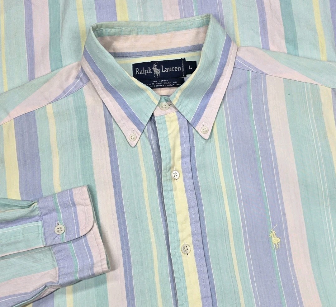 Vtg 80s Ralph Lauren Polo Men Shirt L Pastel Stripe Madras Long Sleeve Button Up
