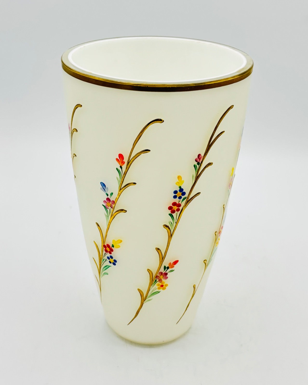 Antique Bohemian Cased Satin Glass Vase Handpainted Enamel Flowers 8” Gold Trim Antique Bohemian Cased Satin Glass Vase Handpainted Enamel Flowers 8” Gold Trim