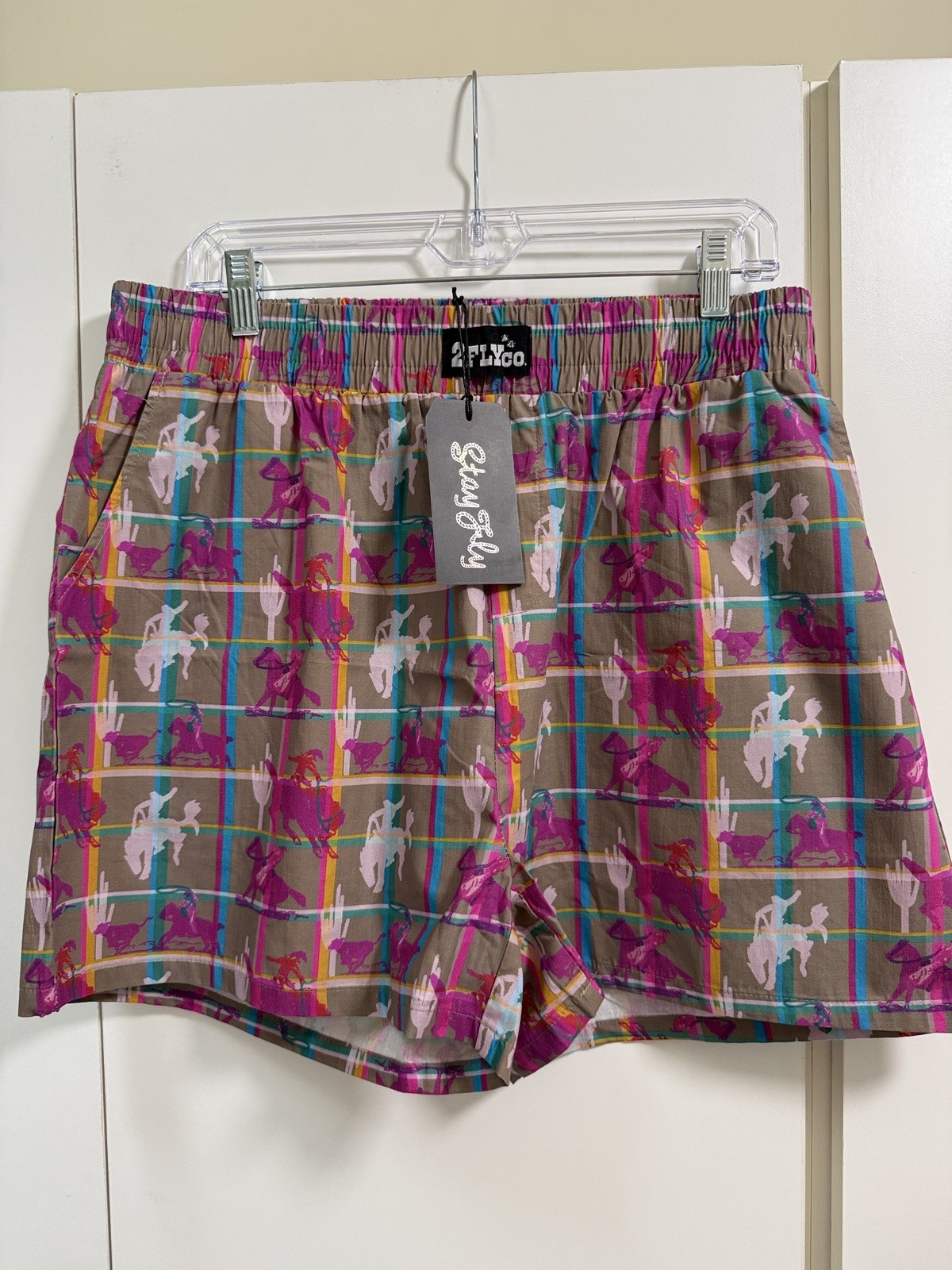 2 Fly Co NWT 2X Plus Pink & Brown Plaid Boxer Shorts 100% Cotton Western Rodeo