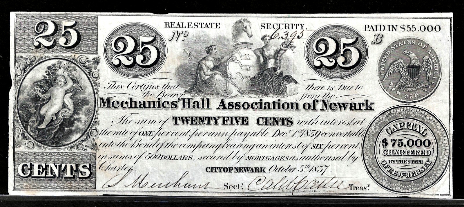 Oct 5, 1837 New Jersey Mechanics Hall Association Newark 25 Cents Obsolete Note