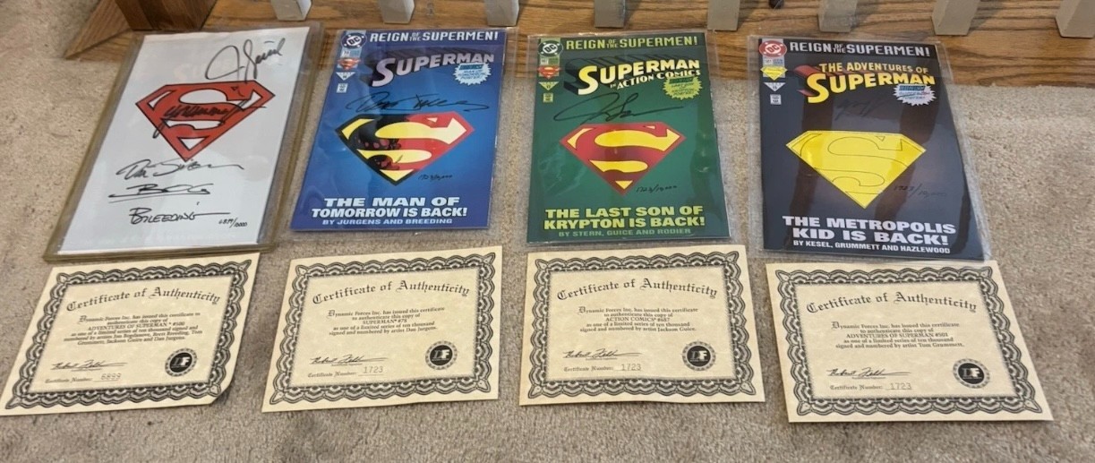SUPERMAN Reign of the Supermen 4 Comic Book set Autographed 1723/10,000 Num COA SUPERMAN Reign of the Supermen 4 Comic Book set Autographed 1723/10,000 Num COA