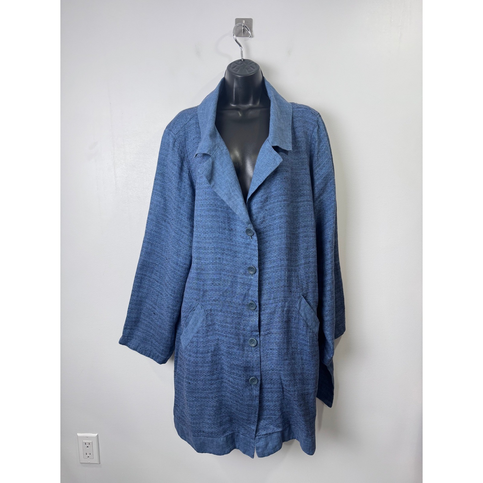 Flax Women Blue Linen Button Down Shirt Dress Size 1G (US 18-20)