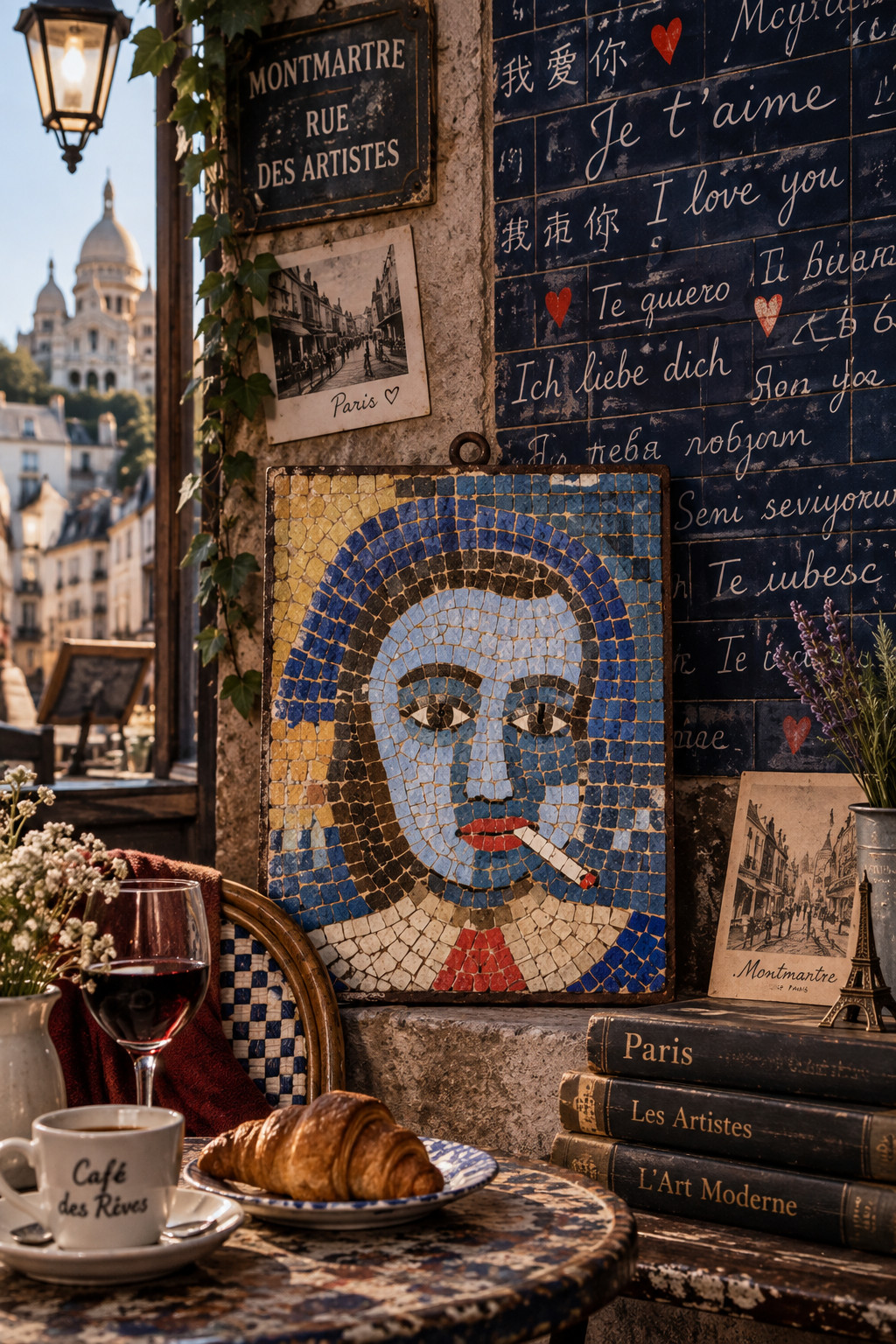 Vintage Handmade Mosaic Portrait Wall Art Blue Woman Smoking Modernist 10in