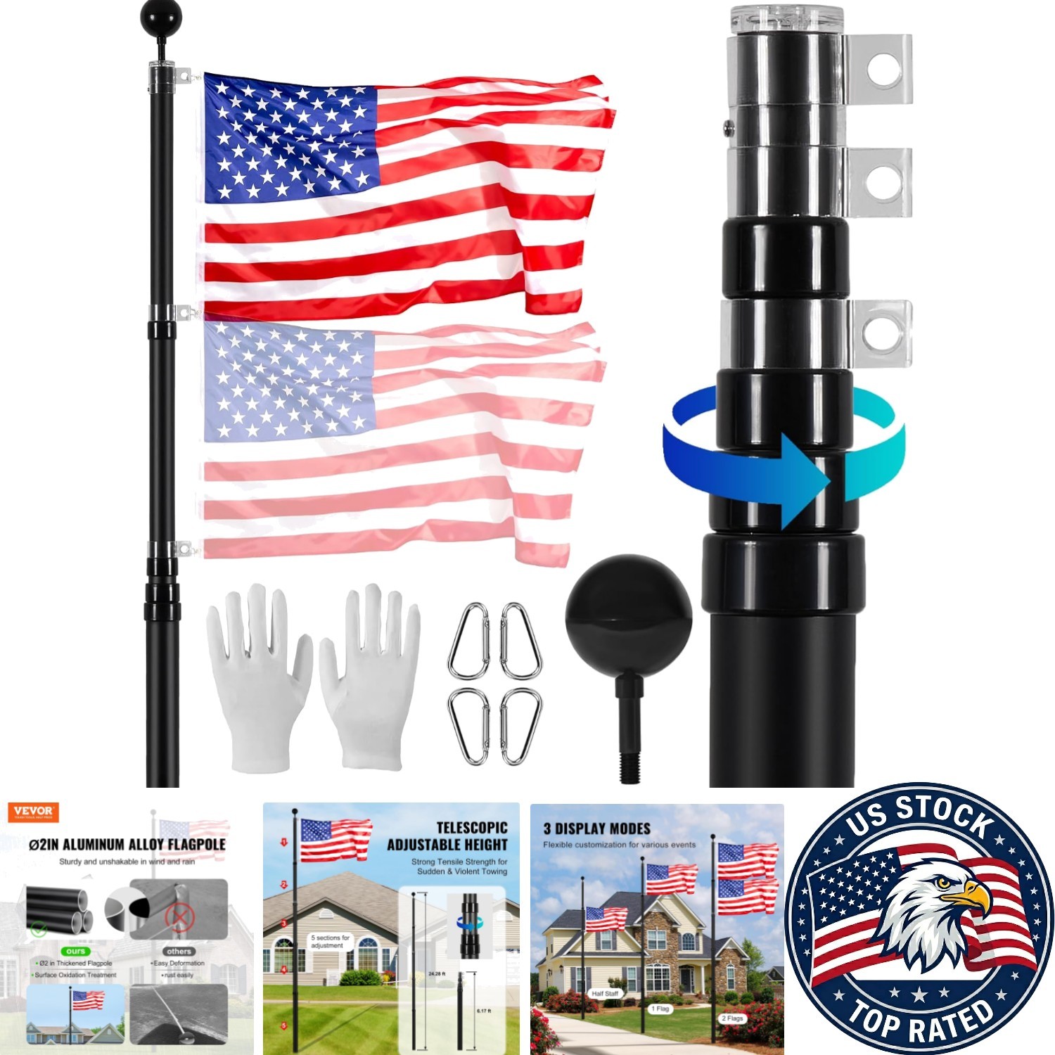 Elegant 25FT Telescoping Flag Pole Kit - 3 Display Modes with American Flag