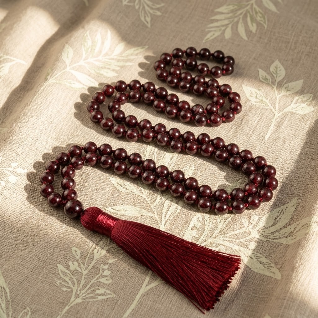 Red Garnet 108 Mala Beads Knotted Tibetan Buddhist Prayer Necklace Yoga Tassel