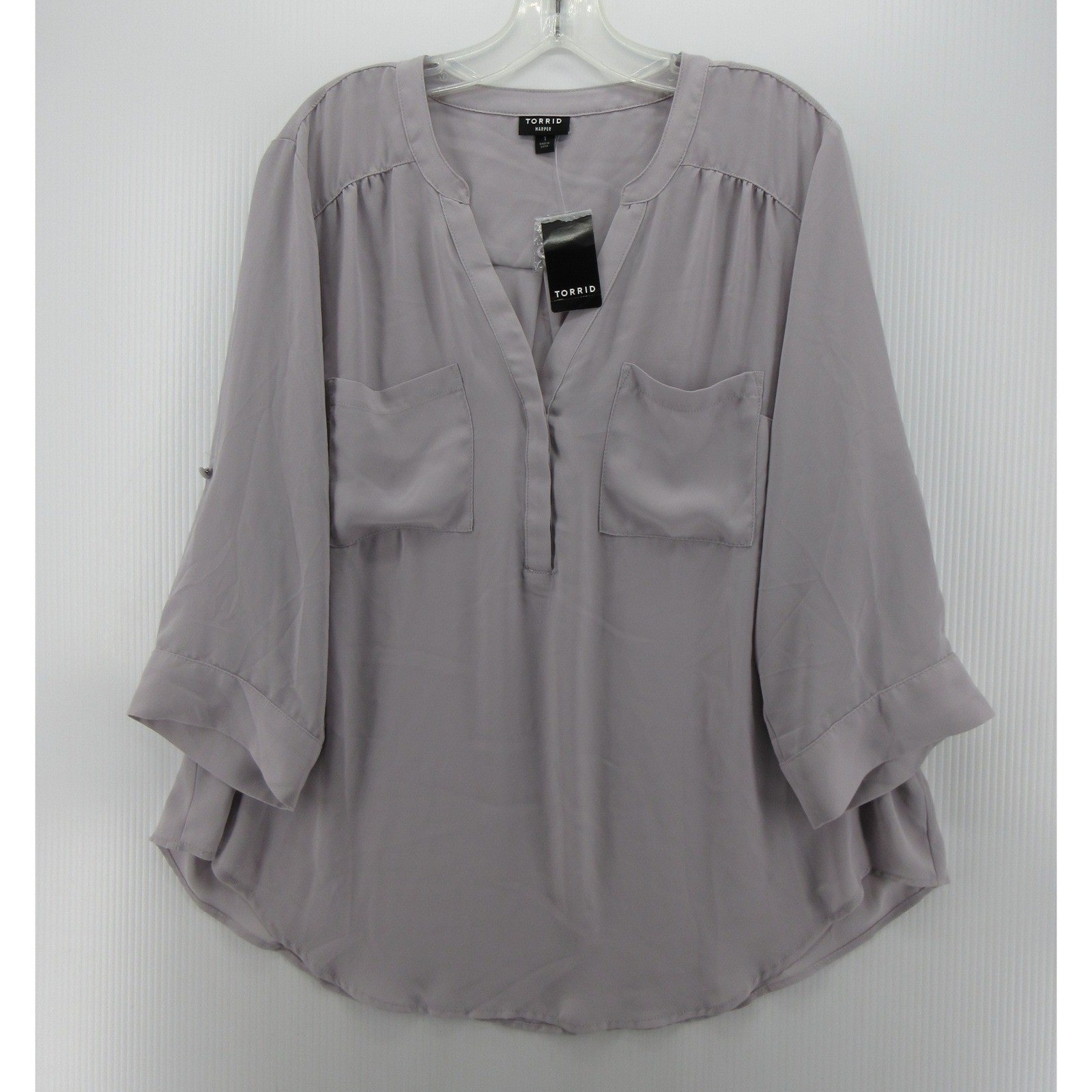 Torrid Top Women 1X Plus Gray Harper Henley Blouse Georgette Pullover Career NEW