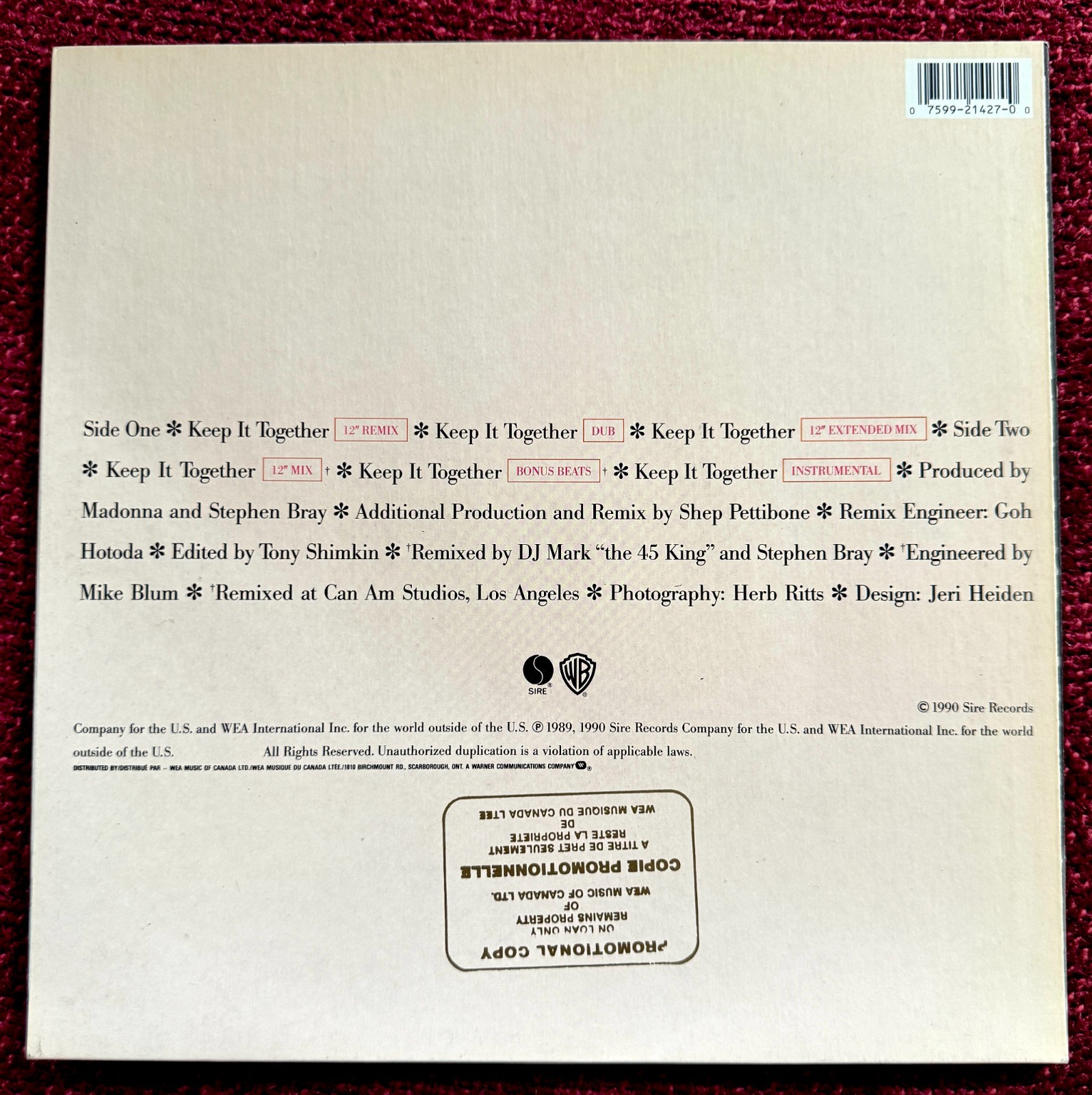 MADONNA KEEP IT TOGETHER RECORD PROMO  CANADA  GOLD STAMP VINYL LP SIRE WB 1989