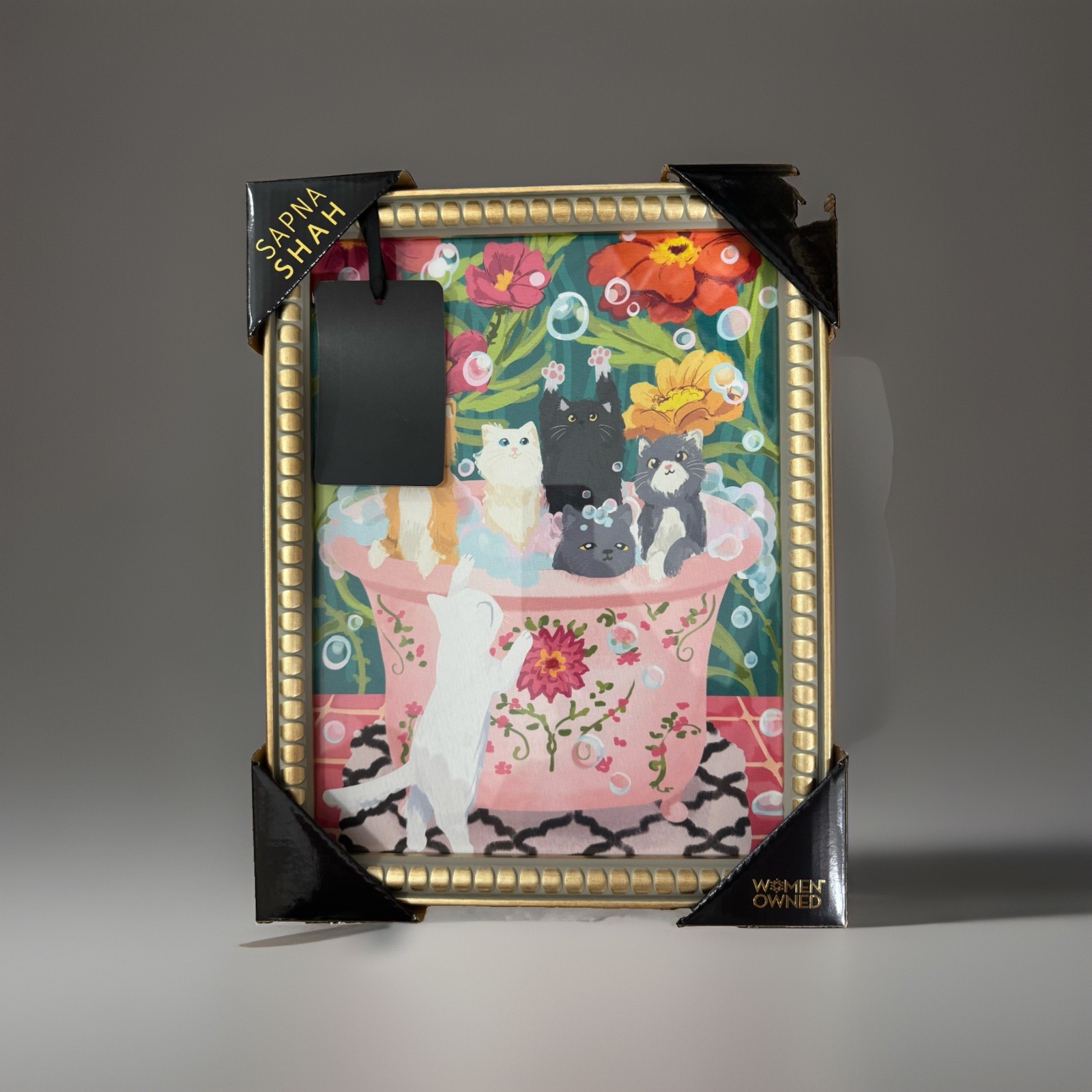 NEW SAPNA SHAH Cats In a Bubble Bath Bathtub Floral Framed Art Print Portrait NEW SAPNA SHAH Cats In a Bubble Bath Bathtub Floral Framed Art Print Portrait