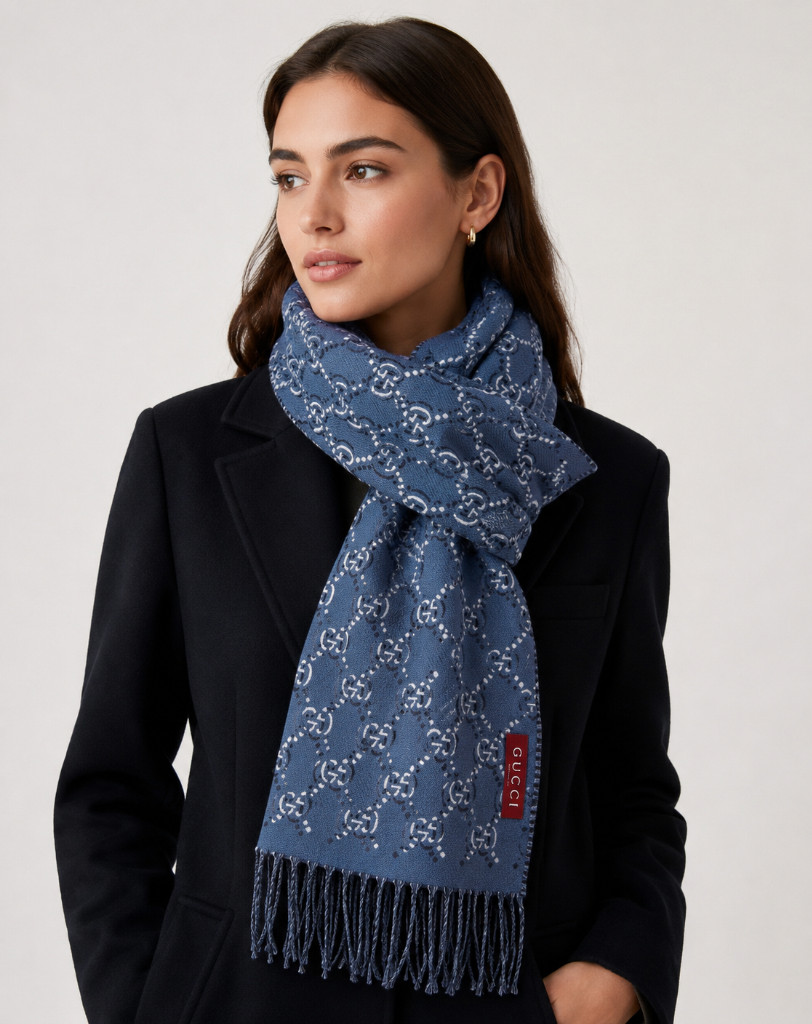 NEW GUCCI BLUE GG GUCCISSIMA WOOL EXTRA SOFT NECK SCARF WRAP