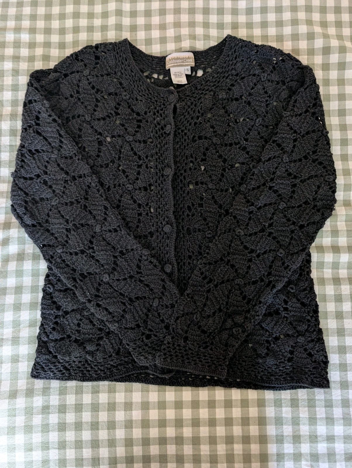 Coldwater Creek Crochet Cardigan Sweater Small Black Open Knit Cotton Ramie 