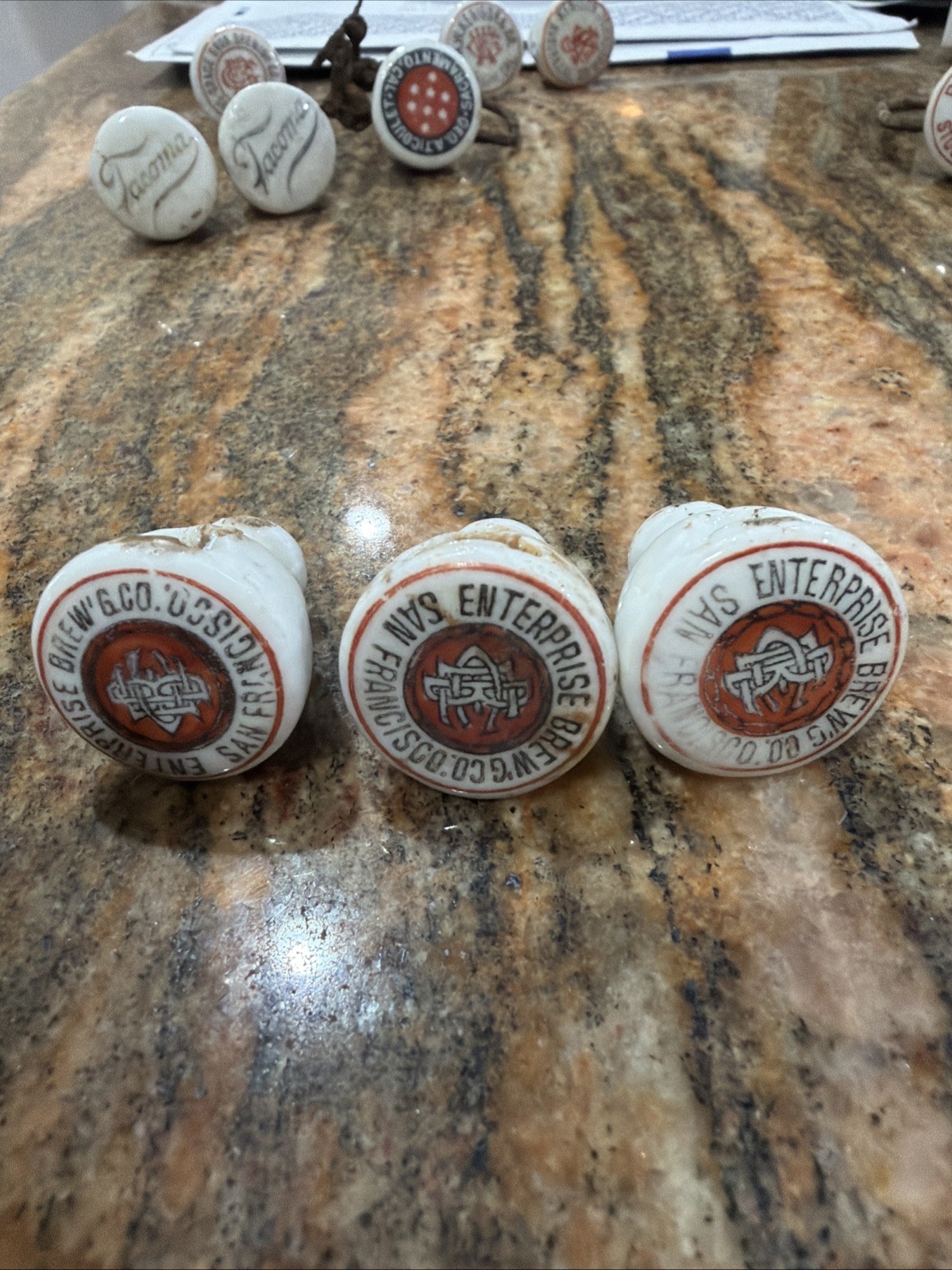 3 Pre-Prohibition Porcelain Beer Bottle Stopper Enterprise Brewing San Francisco 3 Pre-Prohibition Porcelain Beer Bottle Stopper Enterprise Brewing San Francisco