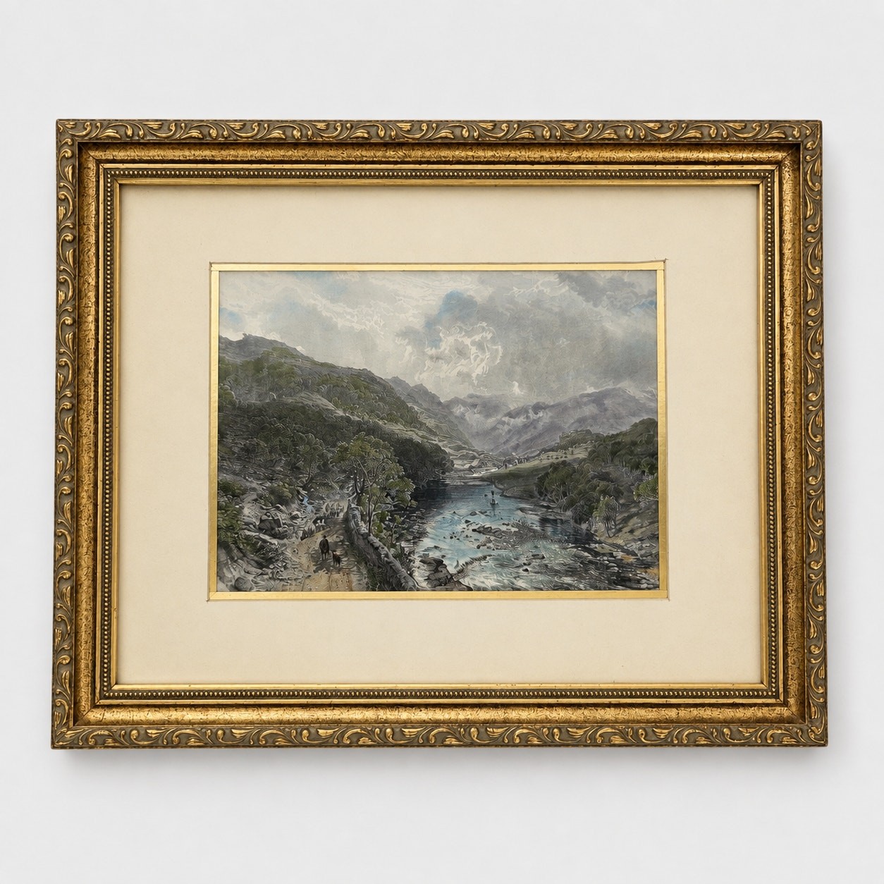 Antique c1871 Samuel Bough Borrowdale Hand-Colored Engraving Framed