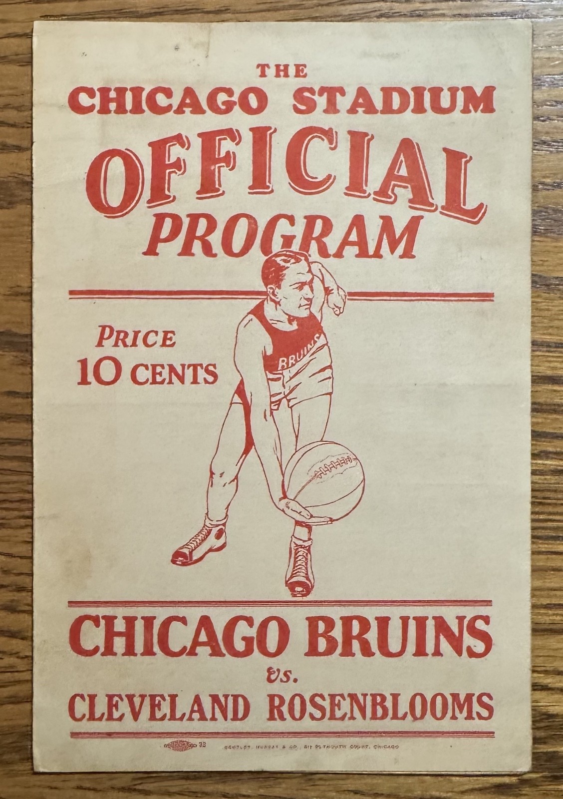 rare 1929 ABL BASKETBALL GAME PROGRAM - CLEVELAND ROSENBLOOMS @ CHICAGO BRUINS