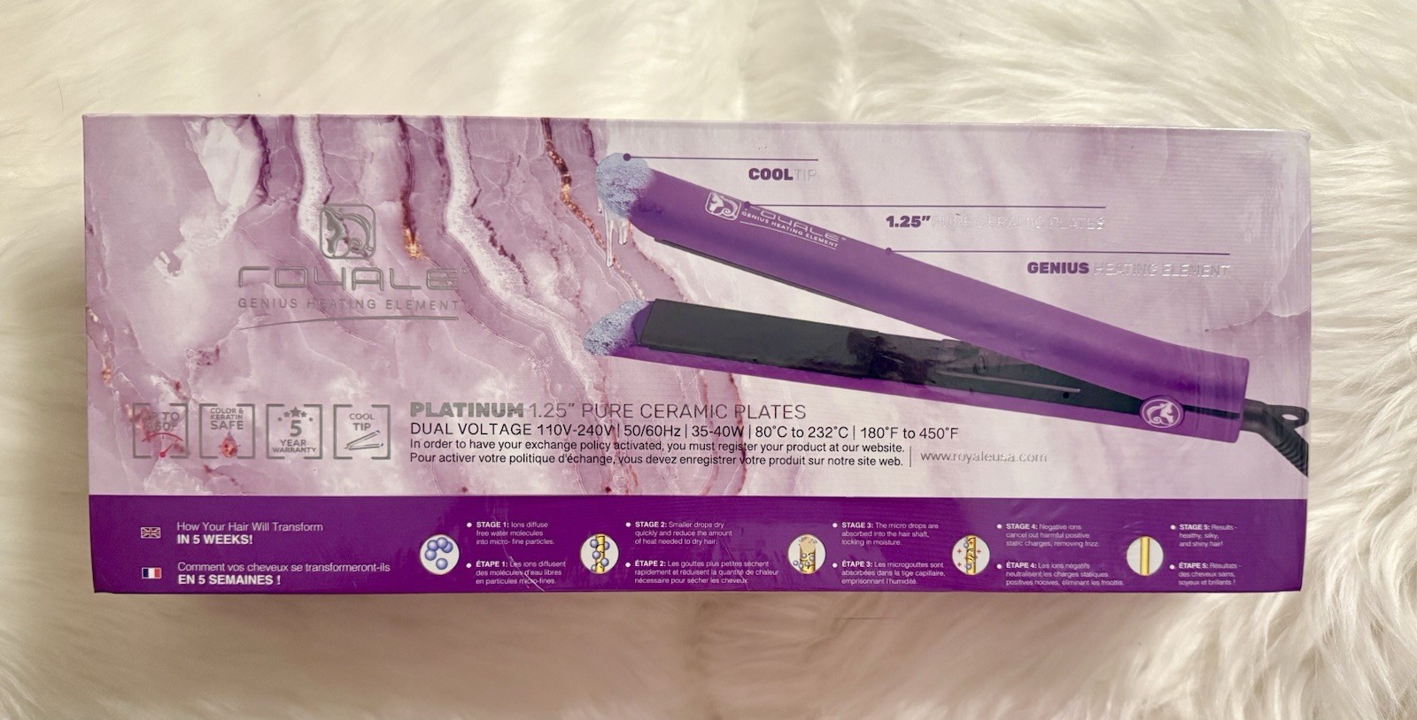 Royale Platinum Genius Heating Element Flat Iron 1.25” Ceramic Plates Purple Royale Platinum Genius Heating Element Flat Iron 1.25” Ceramic Plates Purple