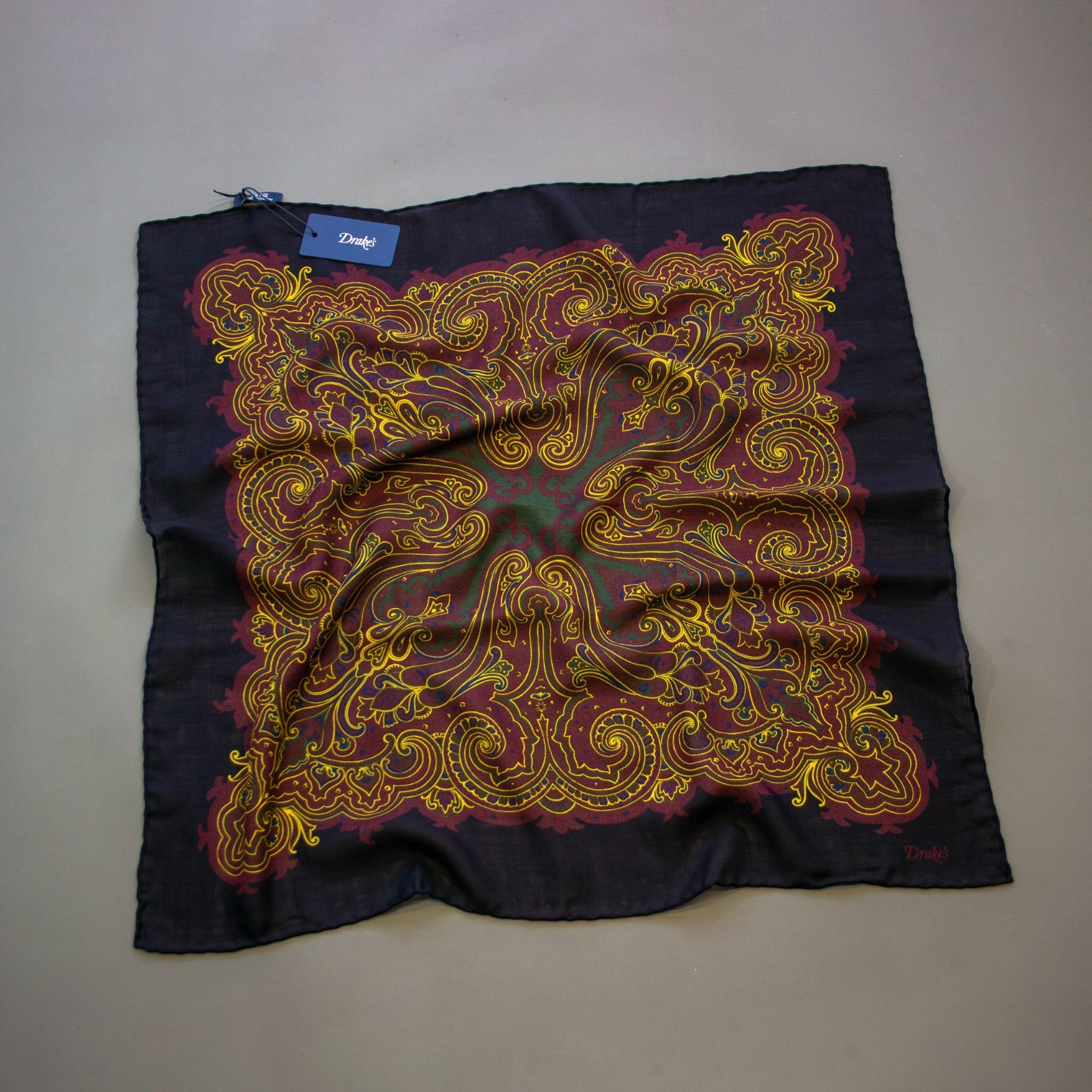 Drake\'s Black and Yellow Paisley Wool-Silk Scarf / RRP £145 / New with Tags