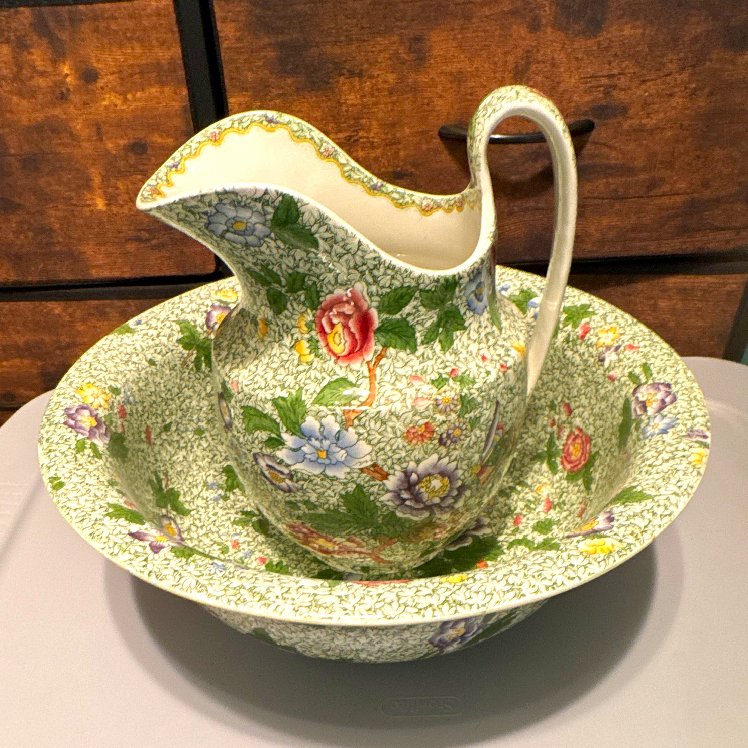 Copeland Spode 2pc Floral Chintz Pitcher & Bowl Set Green  Ceramic