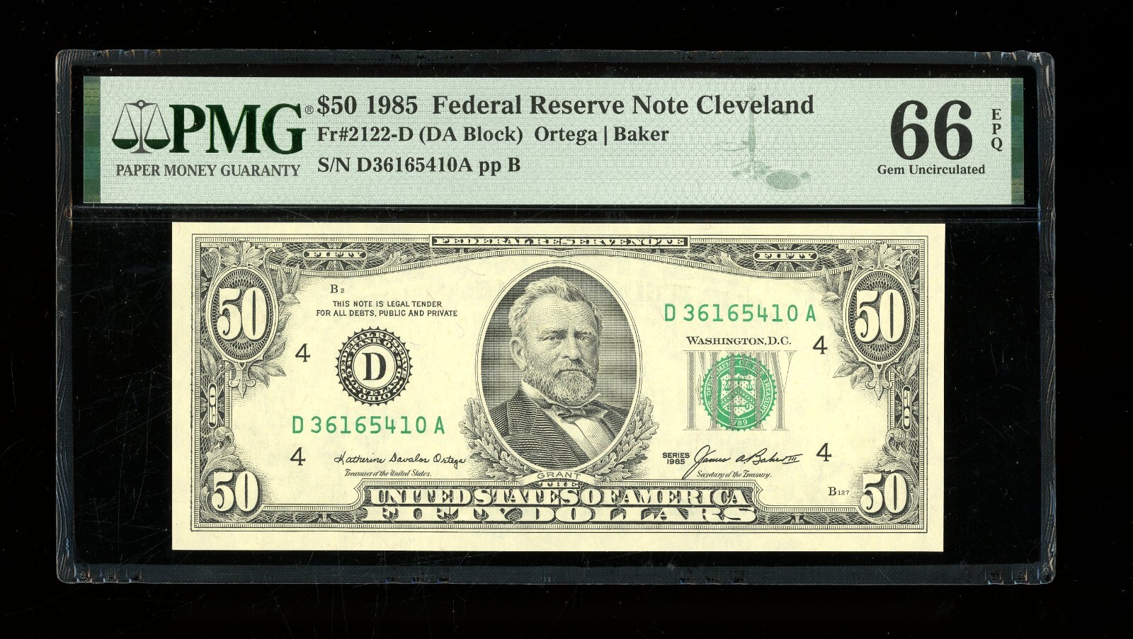DBR 1985 $50 FRN Cleveland Fr. 2122-D Gem PMG 66 EPQ Serial D36165410A