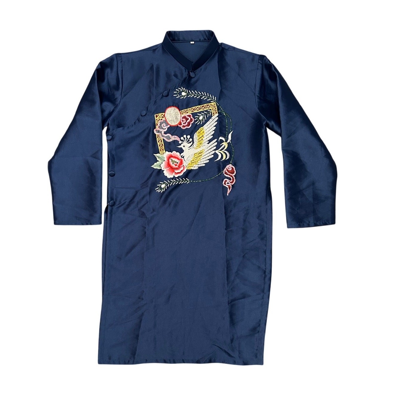 Vietnamese Ao Dai Embroidered Hand Beaded Pheonix Size Large Navy Blue Rare