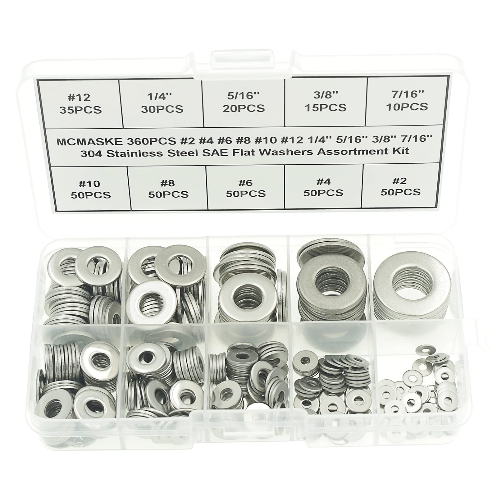 360 PCS #2 To 7/16 Inch SAE Flat Washer Assortment 304 Stainless Steel 188