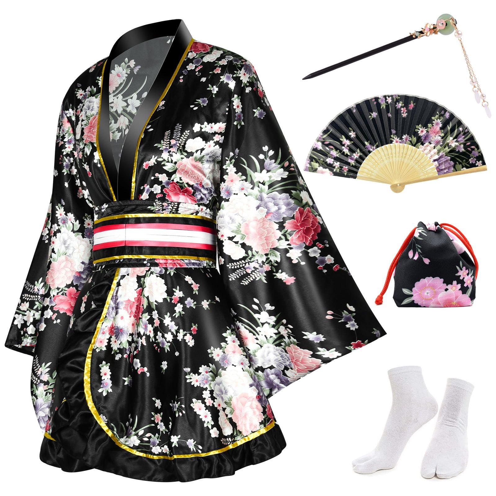 PLULON 5 Pcs Women's Japanese Kimono Robe Short Floral Print Kimono Dress Sexy G