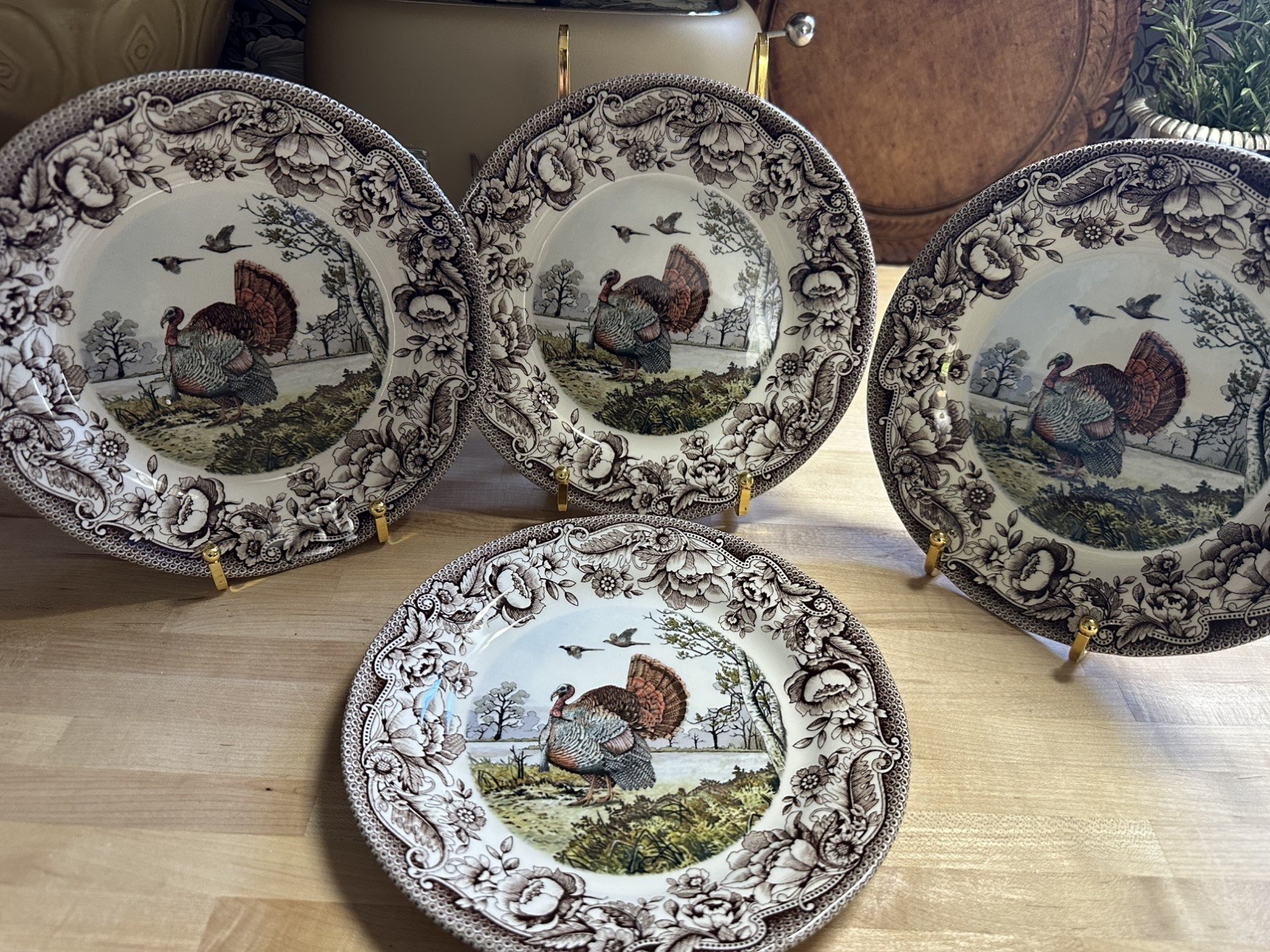 LEGEND Multicolor Thanksgiving Turkey Floral Border 8.5 inch Salad Plates Set 4 LEGEND Multicolor Thanksgiving Turkey Floral Border 8.5 inch Salad Plates Set 4