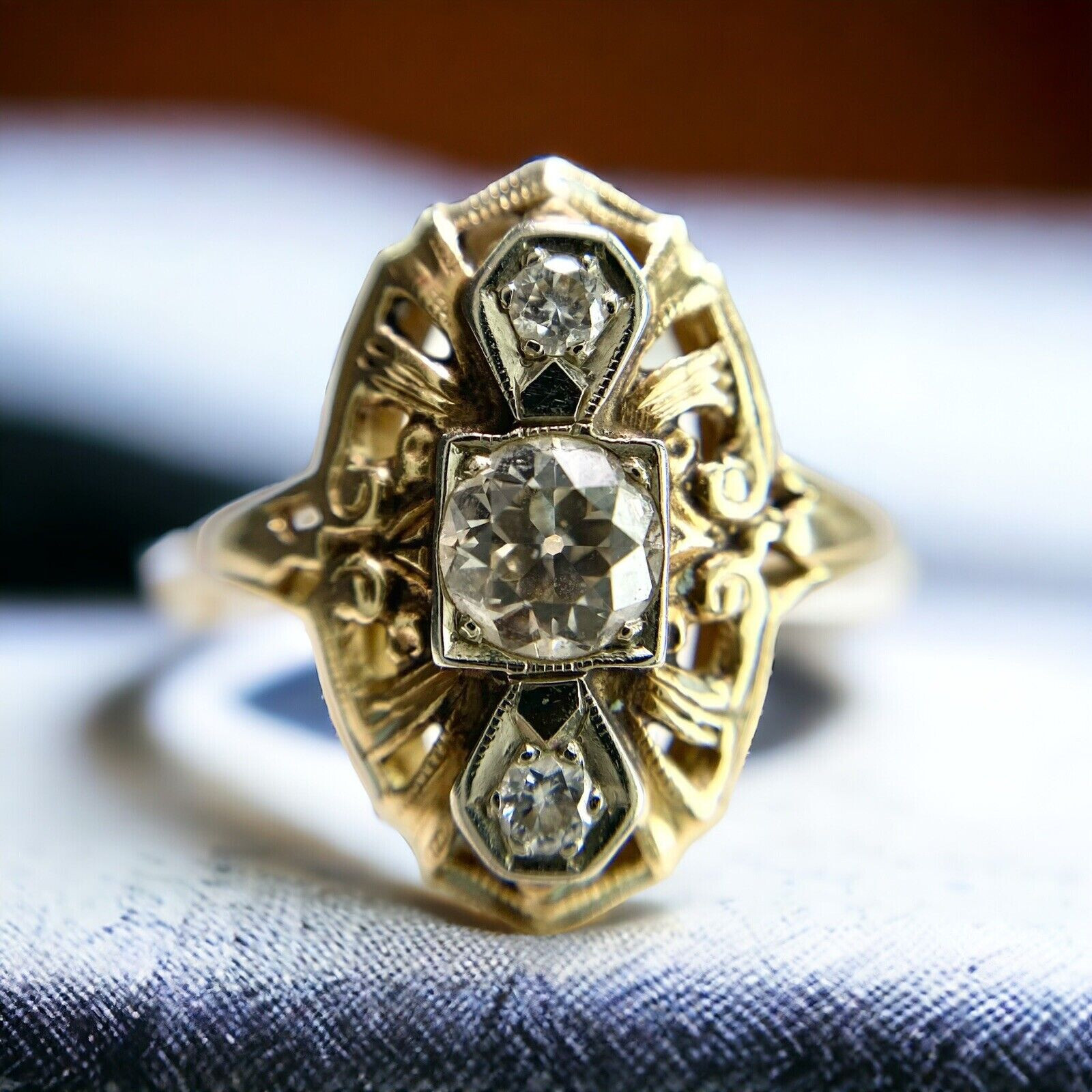 Antique Circa 1890\'S Three Stone Ring 14K Yellow Gold Over 2Ct Simulated Diamond
