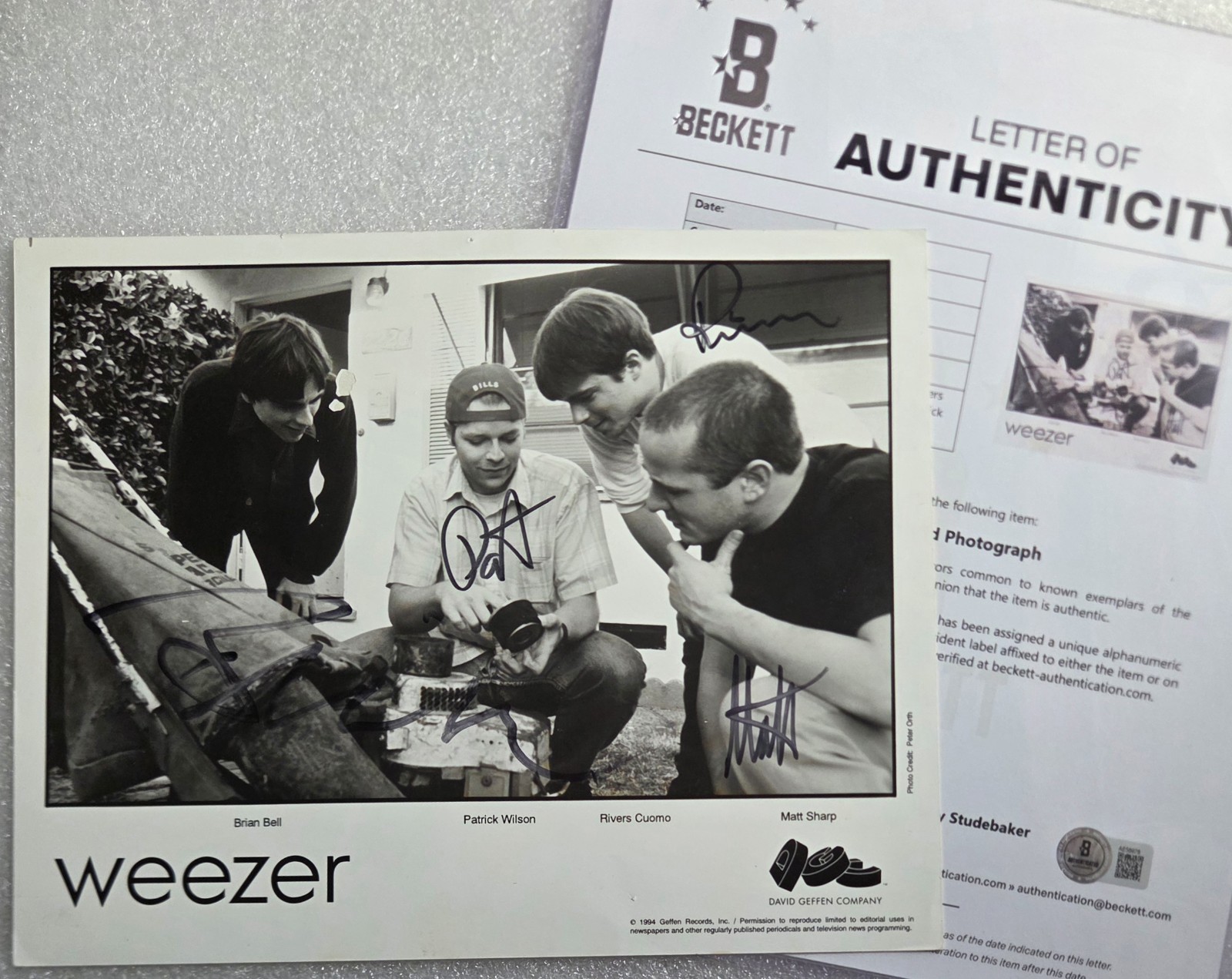 WEEZER SIGNED BECKETT LOA COA BAS AUTOGRAPHED 8X10 PROMO PHOTO 1994 SHARP RIVERS
