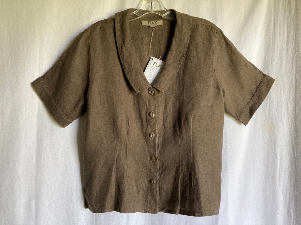 FLAX women\'s Short Sleeve Corozo Button Up Fitted Top Size S Brown Lithuania NWT