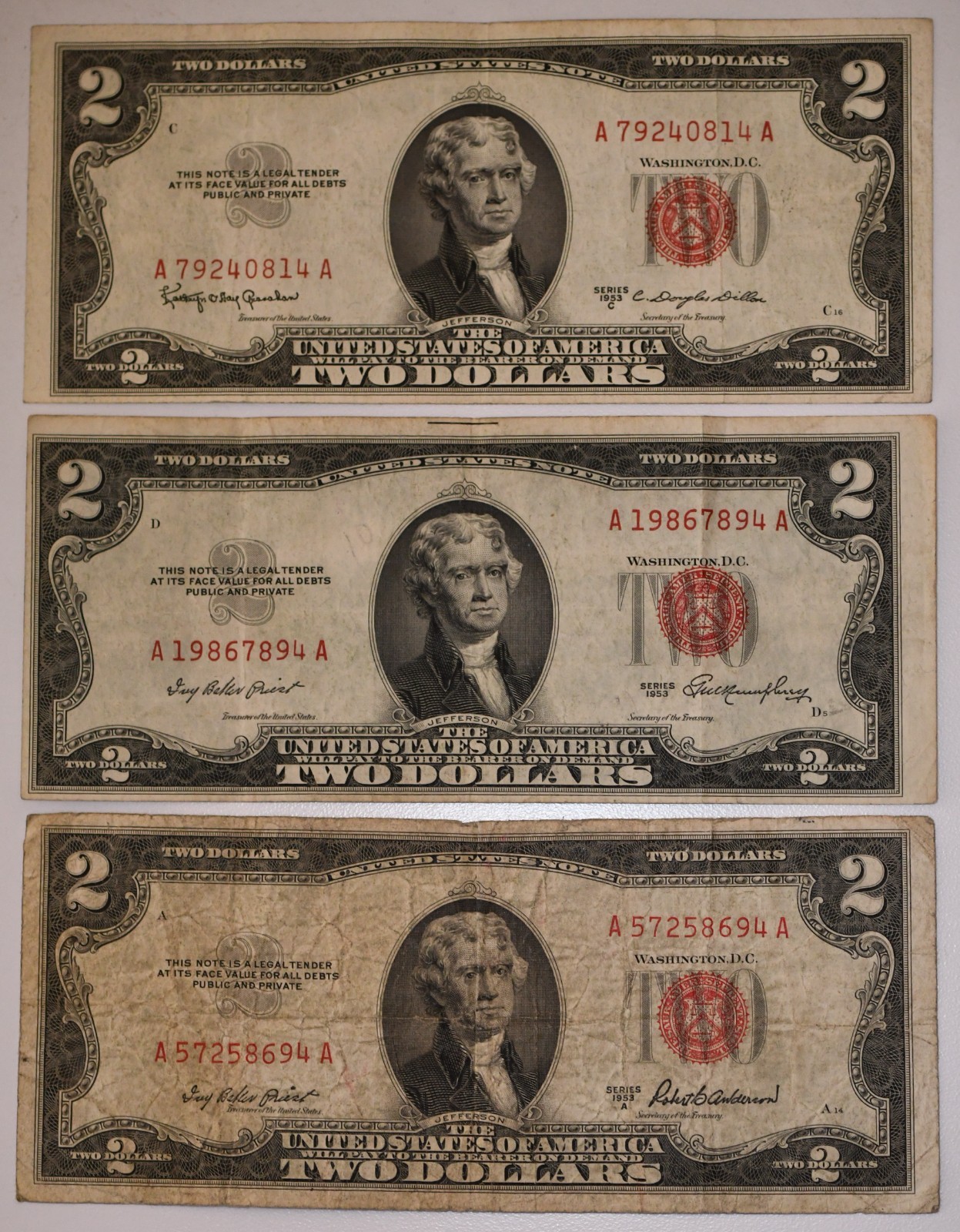 1953 1953-A 1953-C Series Red Seal Two Dollar Bills Exact Notes Shown 1953 1953-A 1953-C Series Red Seal Two Dollar Bills Exact Notes Shown